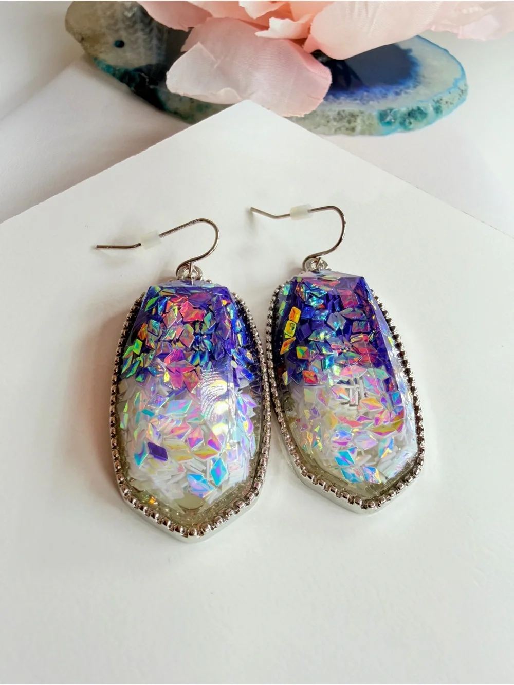 Iridescent Holographic Dangle Earrings - Silver Trim